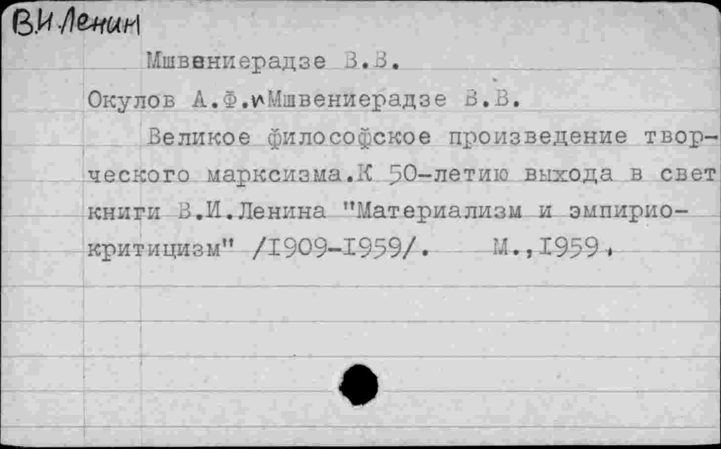 ﻿Мшввниерадзе 3.3,
Окулов А.Ф.У'Мшвениерадзе 3.3.
Великое философское произведение творческого марксизма.К 50-летим выхода в свет книги В.И.Ленина ’’Материализм и эмпириокритицизм” /1909-1959/.	М.,1959?